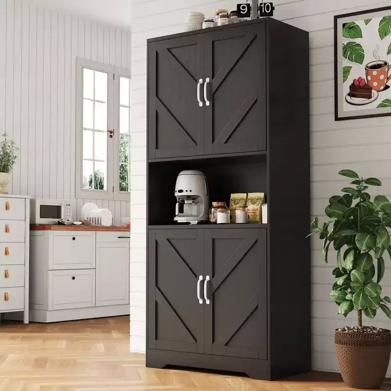 Meuble de rangement haut de cuisine de 178 cm avec étagère ouverte - Armoire de rangement de style ferme à 4 portes avec étagères réglables pour cuisine et salle à manger