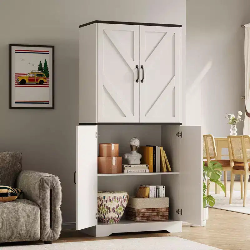 Meuble de rangement haut de cuisine de 178 cm avec étagère ouverte - Armoire de rangement de style ferme à 4 portes avec étagères réglables pour cuisine et salle à manger