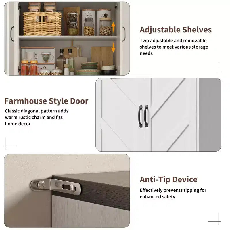 Meuble de rangement haut de cuisine de 178 cm avec étagère ouverte - Armoire de rangement de style ferme à 4 portes avec étagères réglables pour cuisine et salle à manger