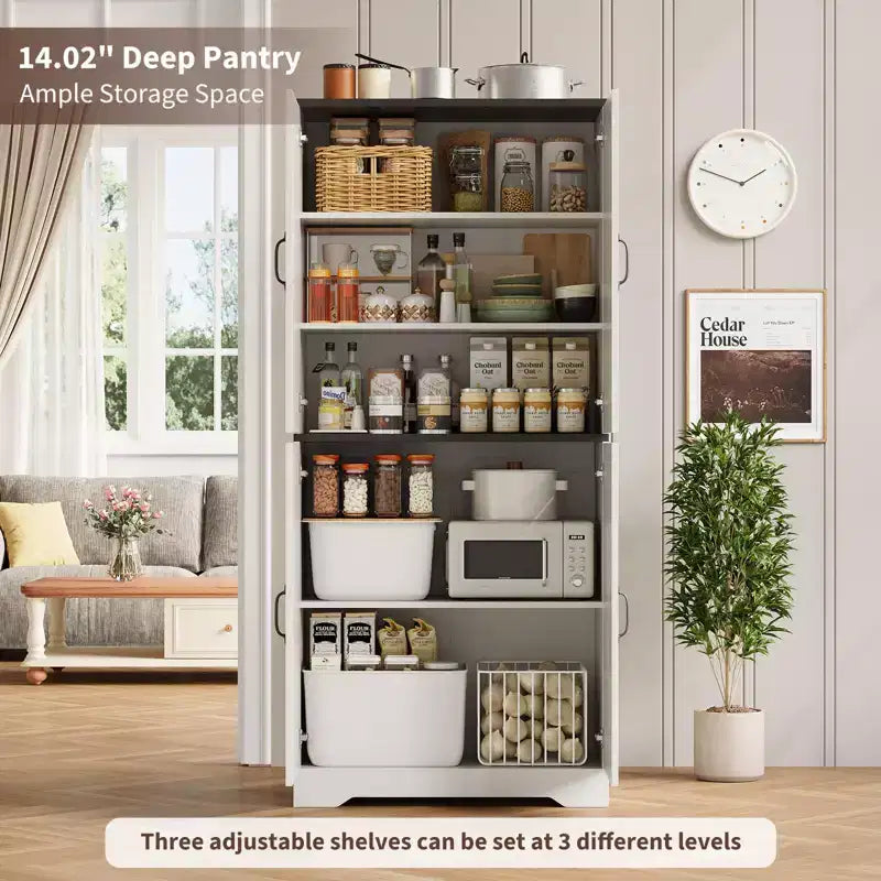 Meuble de rangement haut de cuisine de 178 cm avec étagère ouverte - Armoire de rangement de style ferme à 4 portes avec étagères réglables pour cuisine et salle à manger