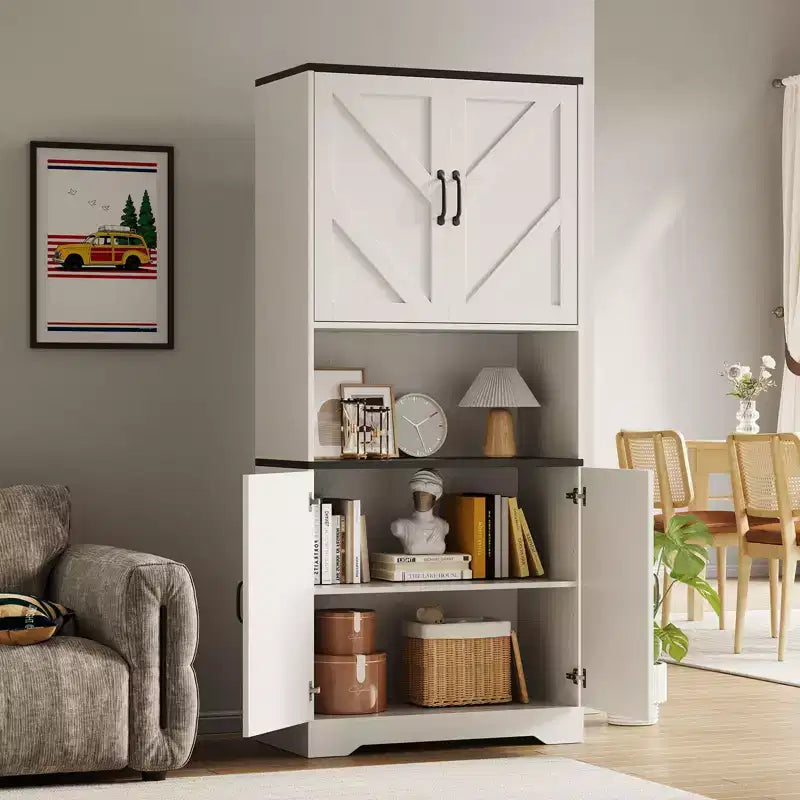 Meuble de rangement haut de cuisine de 178 cm avec étagère ouverte - Armoire de rangement de style ferme à 4 portes avec étagères réglables pour cuisine et salle à manger