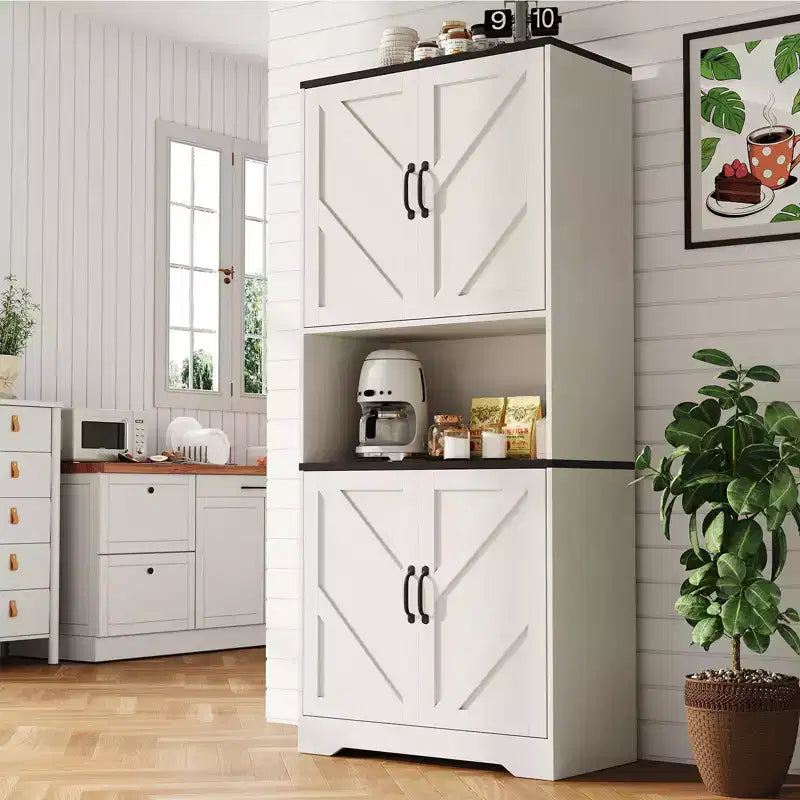 Meuble de rangement haut de cuisine de 178 cm avec étagère ouverte - Armoire de rangement de style ferme à 4 portes avec étagères réglables pour cuisine et salle à manger