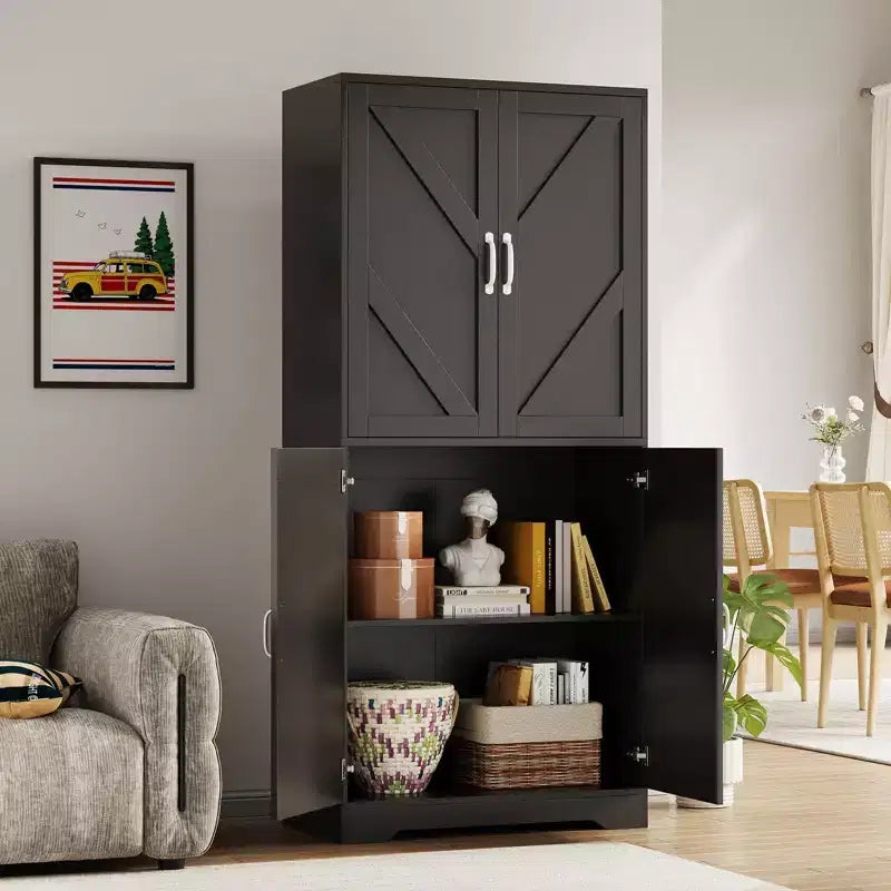 Meuble de rangement haut de cuisine de 178 cm avec étagère ouverte - Armoire de rangement de style ferme à 4 portes avec étagères réglables pour cuisine et salle à manger