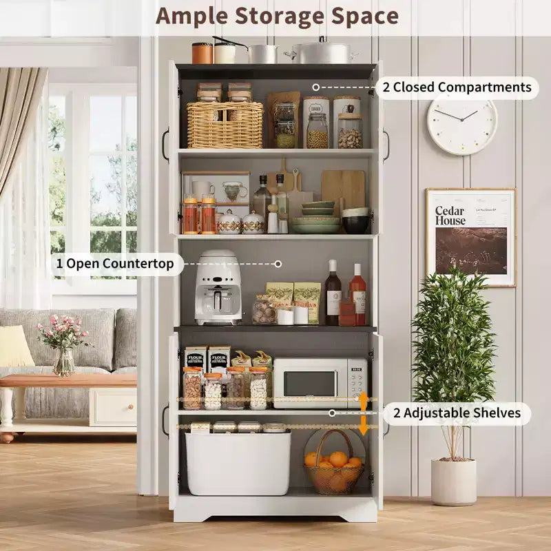 Meuble de rangement haut de cuisine de 178 cm avec étagère ouverte - Armoire de rangement de style ferme à 4 portes avec étagères réglables pour cuisine et salle à manger