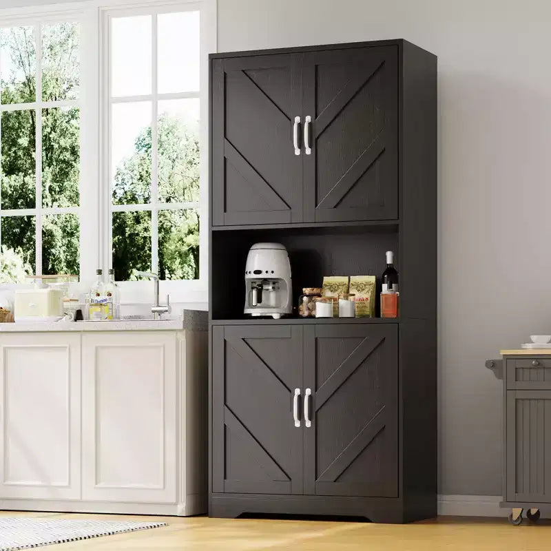 Meuble de rangement haut de cuisine de 178 cm avec étagère ouverte - Armoire de rangement de style ferme à 4 portes avec étagères réglables pour cuisine et salle à manger