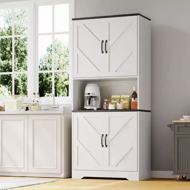 Meuble de rangement haut de cuisine de 178 cm avec étagère ouverte - Armoire de rangement de style ferme à 4 portes avec étagères réglables pour cuisine et salle à manger
