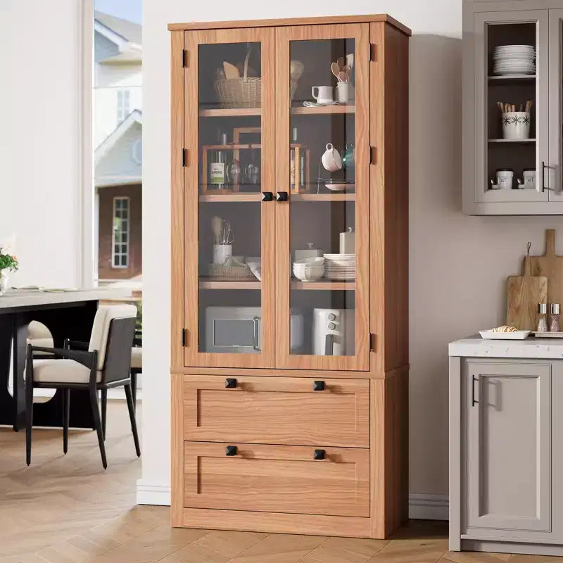 Meuble de rangement de cuisine - Armoire de rangement moderne avec 2 grands tiroirs, des portes vitrées et des étagères réglables