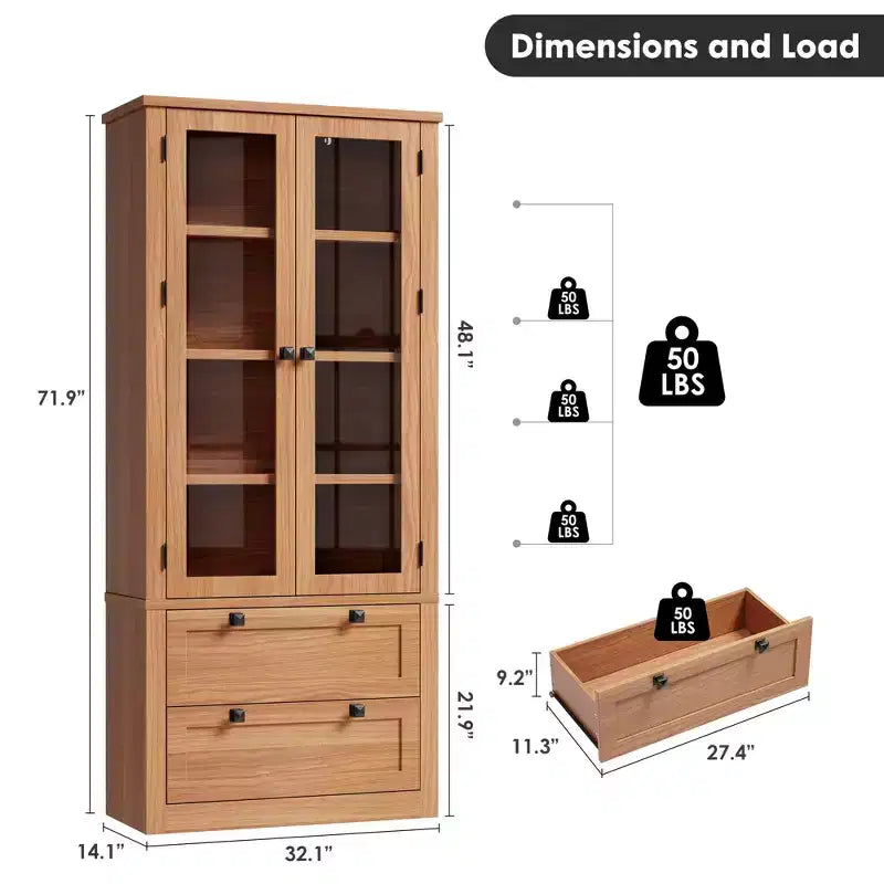 Meuble de rangement de cuisine - Armoire de rangement moderne avec 2 grands tiroirs, des portes vitrées et des étagères réglables