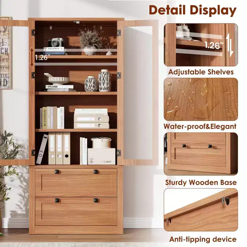 Meuble de rangement de cuisine - Armoire de rangement moderne avec 2 grands tiroirs, des portes vitrées et des étagères réglables