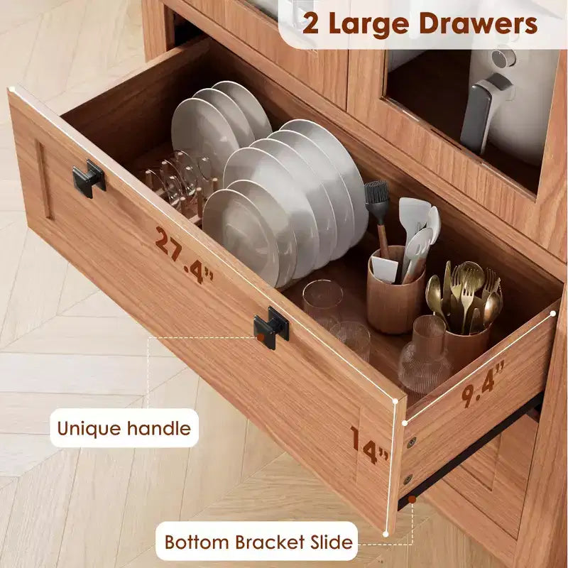 Meuble de rangement de cuisine - Armoire de rangement moderne avec 2 grands tiroirs, des portes vitrées et des étagères réglables