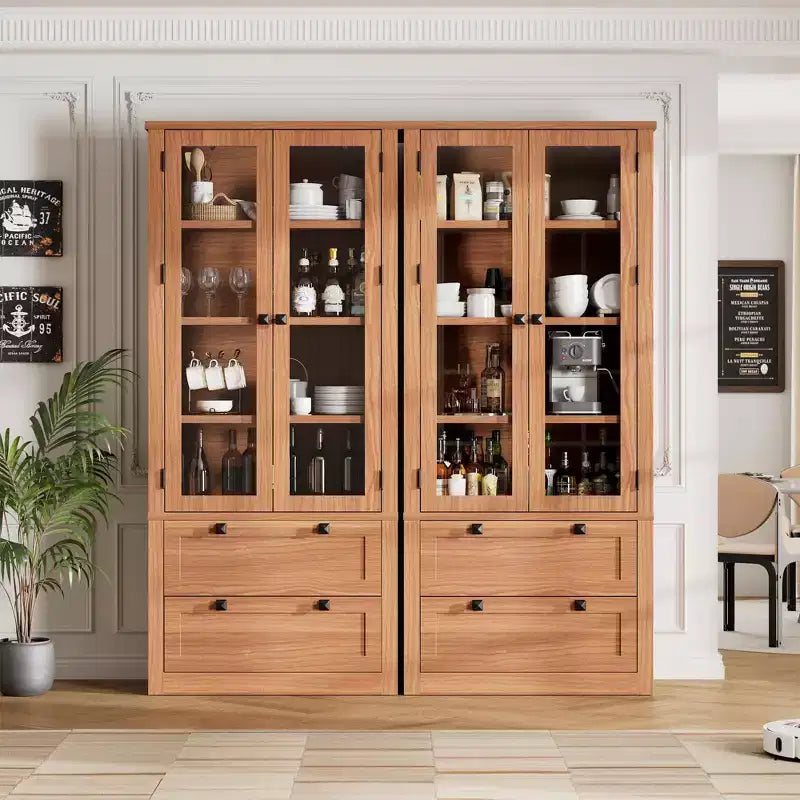 Meuble de rangement de cuisine - Armoire de rangement moderne avec 2 grands tiroirs, des portes vitrées et des étagères réglables