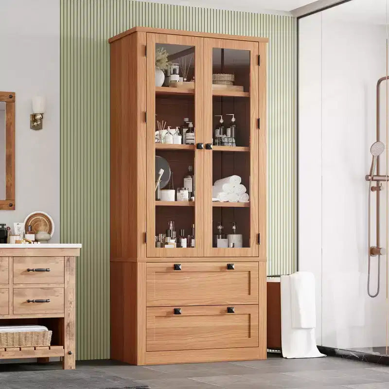 Meuble de rangement de cuisine - Armoire de rangement moderne avec 2 grands tiroirs, des portes vitrées et des étagères réglables