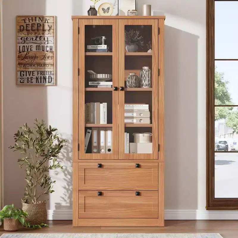 Meuble de rangement de cuisine - Armoire de rangement moderne avec 2 grands tiroirs, des portes vitrées et des étagères réglables