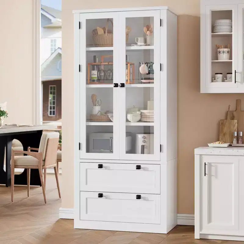 Meuble de rangement de cuisine - Armoire de rangement moderne avec 2 grands tiroirs, des portes vitrées et des étagères réglables