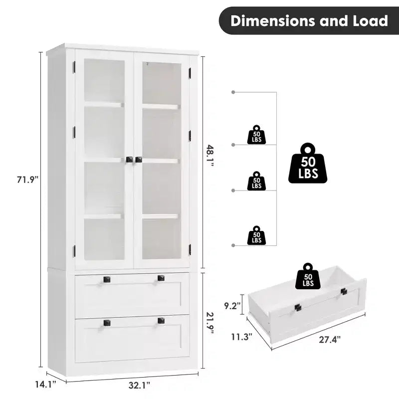 Meuble de rangement de cuisine - Armoire de rangement moderne avec 2 grands tiroirs, des portes vitrées et des étagères réglables