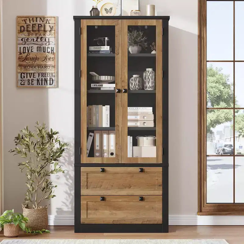 Meuble de rangement de cuisine - Armoire de rangement moderne avec 2 grands tiroirs, des portes vitrées et des étagères réglables