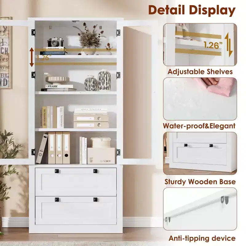 Meuble de rangement de cuisine - Armoire de rangement moderne avec 2 grands tiroirs, des portes vitrées et des étagères réglables
