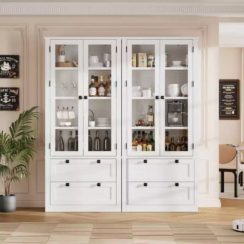 Meuble de rangement de cuisine - Armoire de rangement moderne avec 2 grands tiroirs, des portes vitrées et des étagères réglables