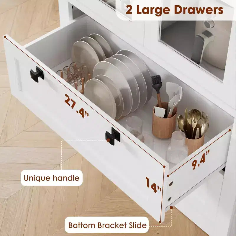 Meuble de rangement de cuisine - Armoire de rangement moderne avec 2 grands tiroirs, des portes vitrées et des étagères réglables