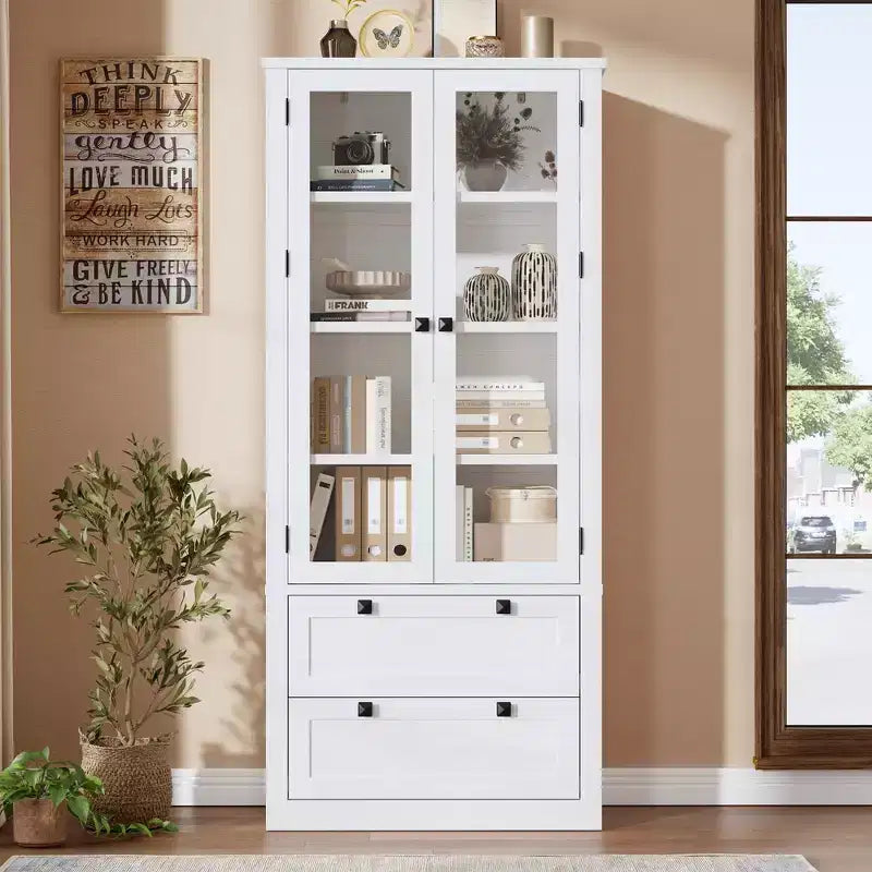 Meuble de rangement de cuisine - Armoire de rangement moderne avec 2 grands tiroirs, des portes vitrées et des étagères réglables