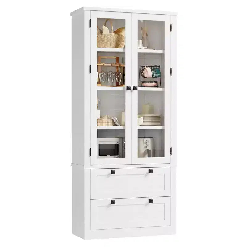 Meuble de rangement de cuisine - Armoire de rangement moderne avec 2 grands tiroirs, des portes vitrées et des étagères réglables
