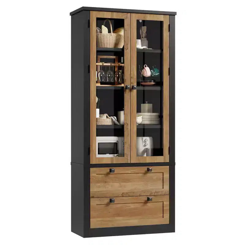 Meuble de rangement de cuisine - Armoire de rangement moderne avec 2 grands tiroirs, des portes vitrées et des étagères réglables