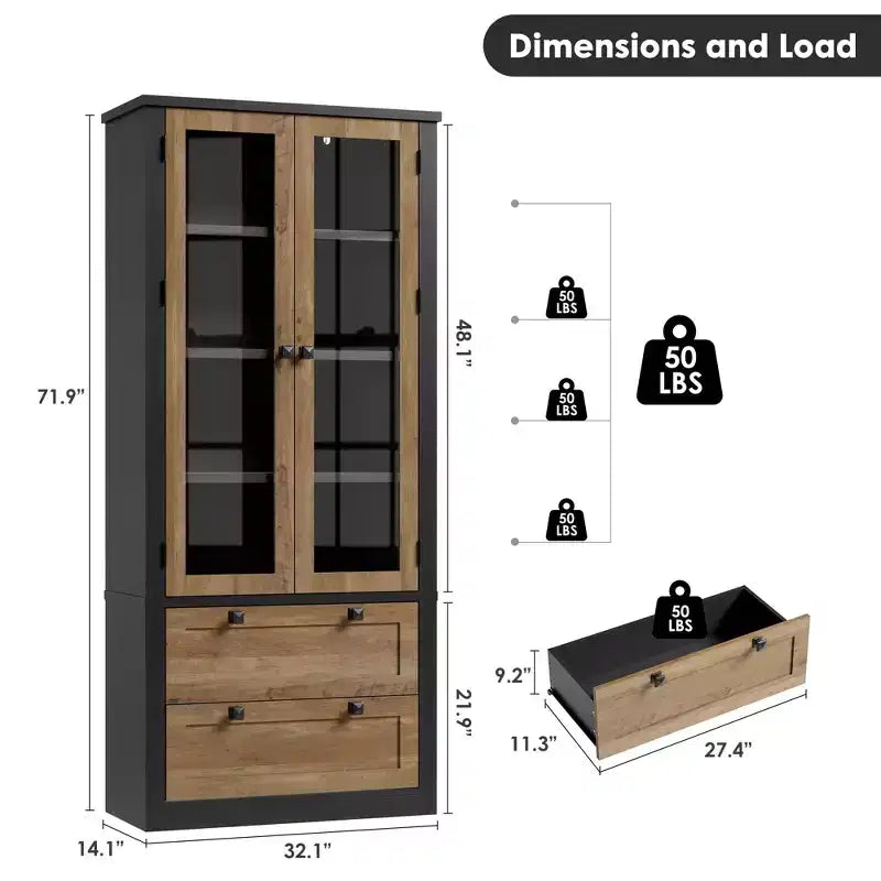 Meuble de rangement de cuisine - Armoire de rangement moderne avec 2 grands tiroirs, des portes vitrées et des étagères réglables