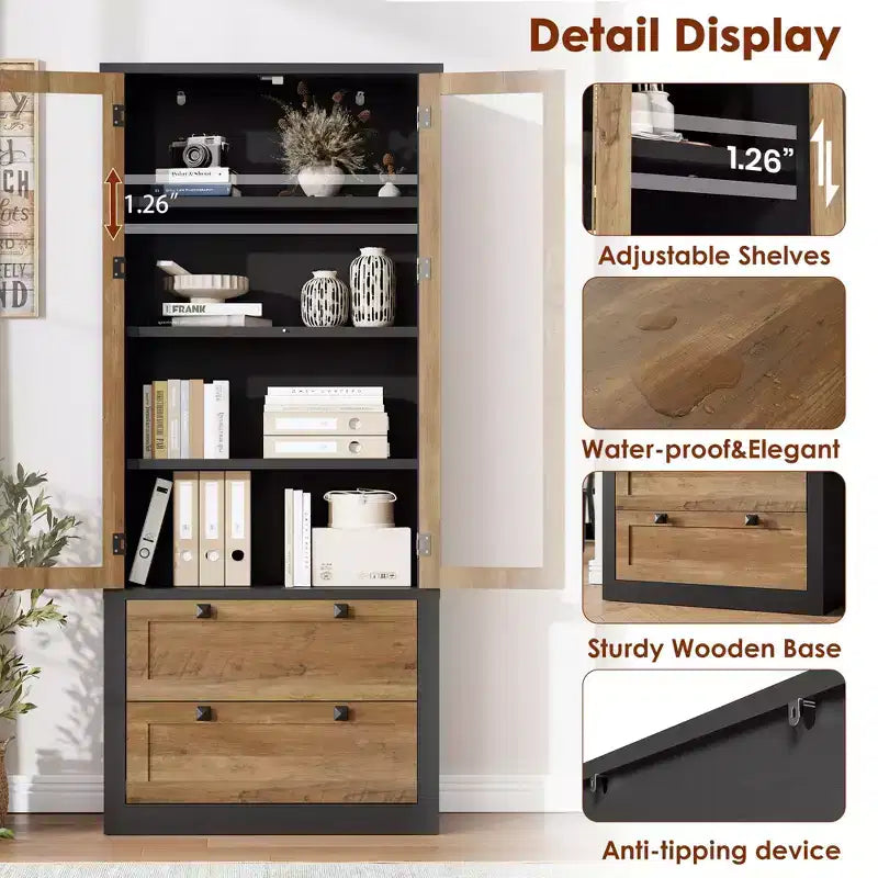 Meuble de rangement de cuisine - Armoire de rangement moderne avec 2 grands tiroirs, des portes vitrées et des étagères réglables