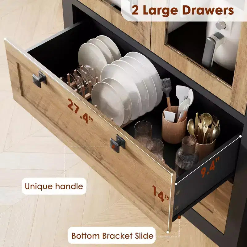 Meuble de rangement de cuisine - Armoire de rangement moderne avec 2 grands tiroirs, des portes vitrées et des étagères réglables