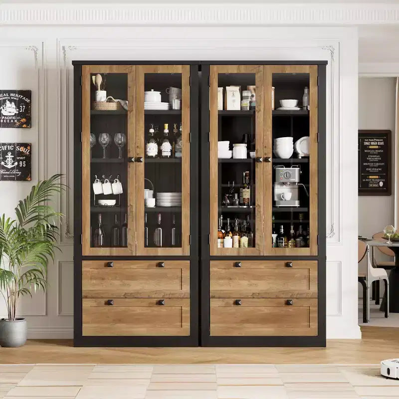 Meuble de rangement de cuisine - Armoire de rangement moderne avec 2 grands tiroirs, des portes vitrées et des étagères réglables