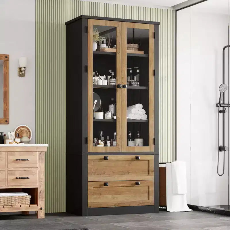 Meuble de rangement de cuisine - Armoire de rangement moderne avec 2 grands tiroirs, des portes vitrées et des étagères réglables