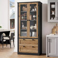 Kitchen Pantry Cabinet - Modern Display Storage Cabinet with 2 Large Drawers, Glass Doors, and Adjustable Shelves