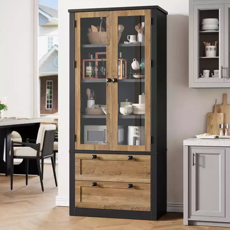 Kitchen Pantry Cabinet - Modern Display Storage Cabinet with 2 Large Drawers, Glass Doors, and Adjustable Shelves