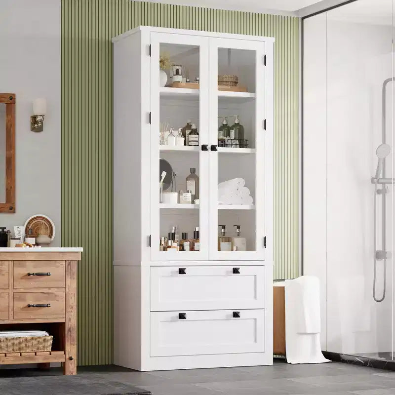 Meuble de rangement de cuisine - Armoire de rangement moderne avec 2 grands tiroirs, des portes vitrées et des étagères réglables