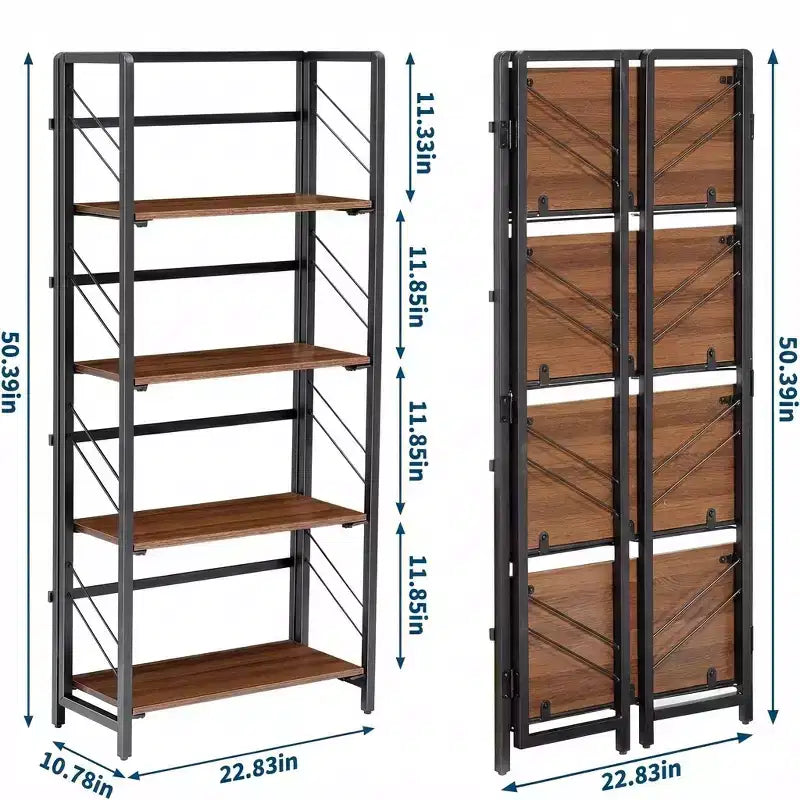 Étagère pliante à 4 niveaux, aucun assemblage requis Bibliothèque vintage, organisateur d'étagères de rangement autoportantes pour la maison, le bureau et la salle d'étude