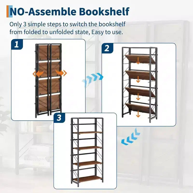 Étagère pliante à 4 niveaux, aucun assemblage requis Bibliothèque vintage, organisateur d'étagères de rangement autoportantes pour la maison, le bureau et la salle d'étude