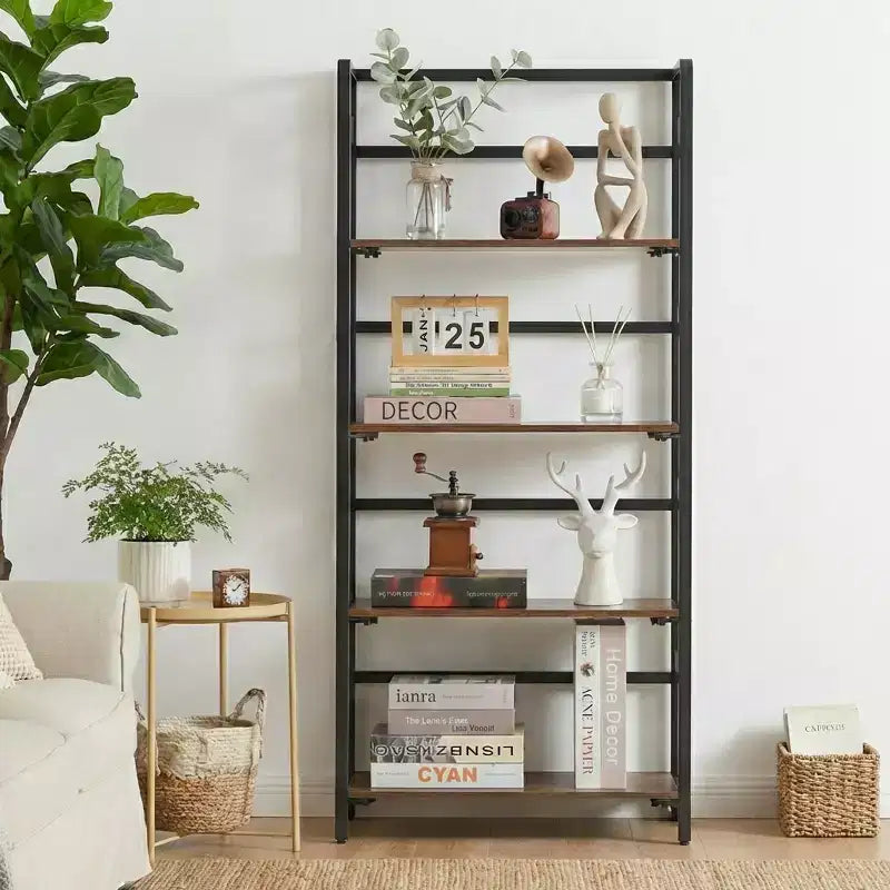 4-Tier Folding Bookshelf, No Assembly Required Vintage Bookcase, Freestanding Storage Shelves Organizer for Home Office and Study Room