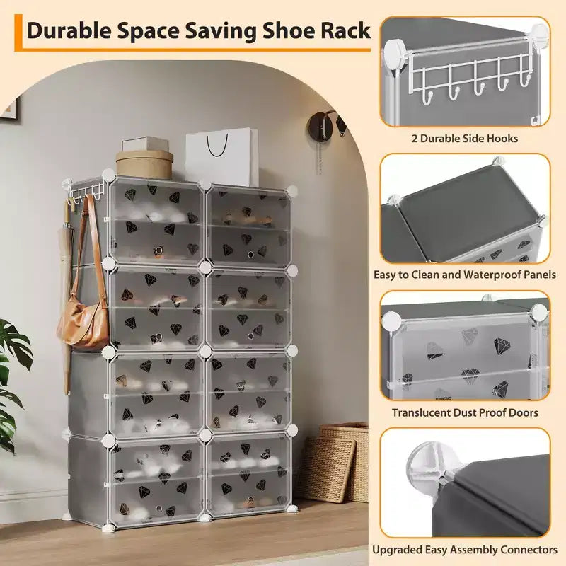 Organisateur de chaussures extensible à 8 niveaux avec porte, peut contenir 32 paires, armoire de rangement de chaussures détachable, organisateur peu encombrant pour entrée et chambre