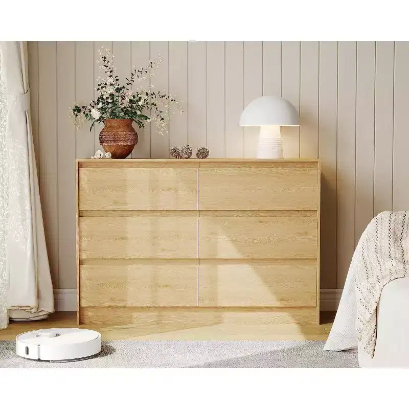 Farmhouse 6 Drawer Dresser, 47 Inch Wide Chest of Drawers, Design Natural Oak Wooden Organizer Cabinet for Bedroom, Living Room, TV Stand