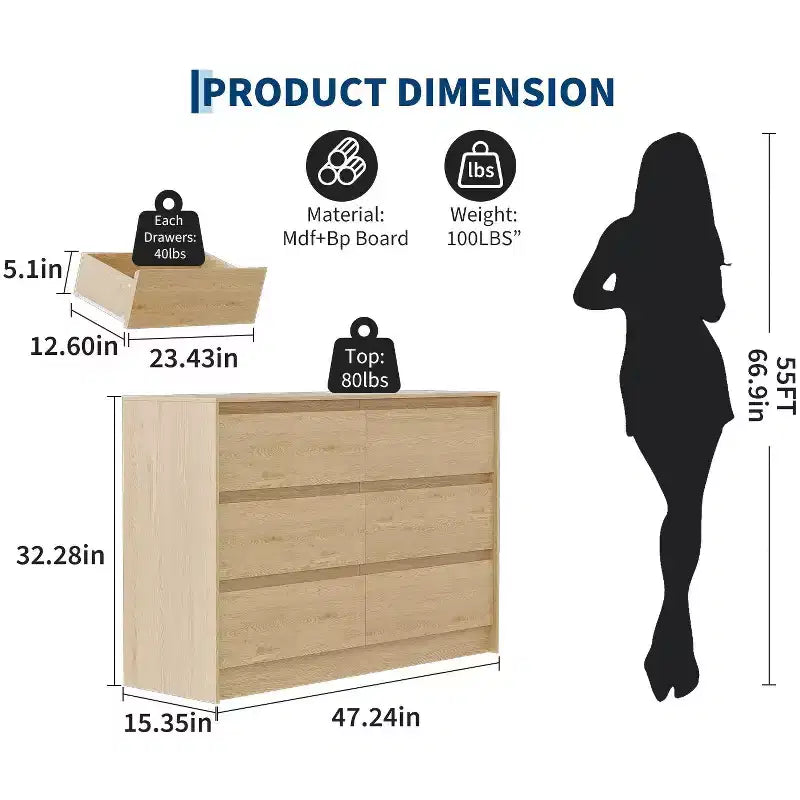 Commode de Ferme à 6 Tiroirs, Commode Large de 120 cm, Meuble de Rangement en Chêne Naturel pour Chambre à Coucher, Salon, Meuble TV