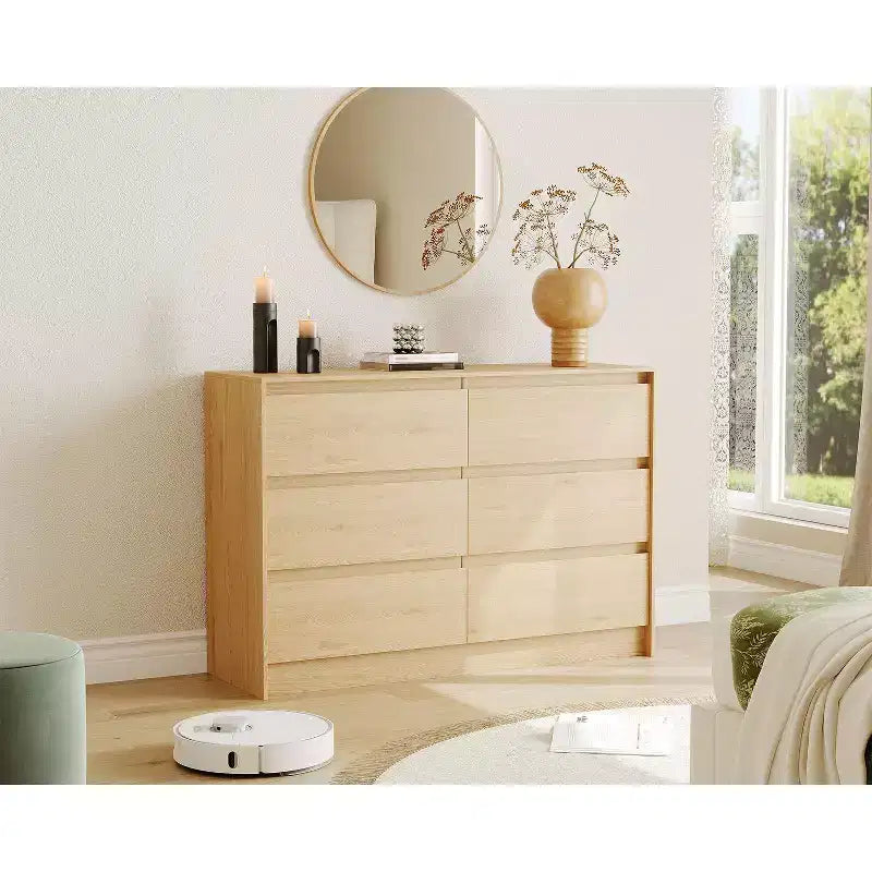 Commode de Ferme à 6 Tiroirs, Commode Large de 120 cm, Meuble de Rangement en Chêne Naturel pour Chambre à Coucher, Salon, Meuble TV
