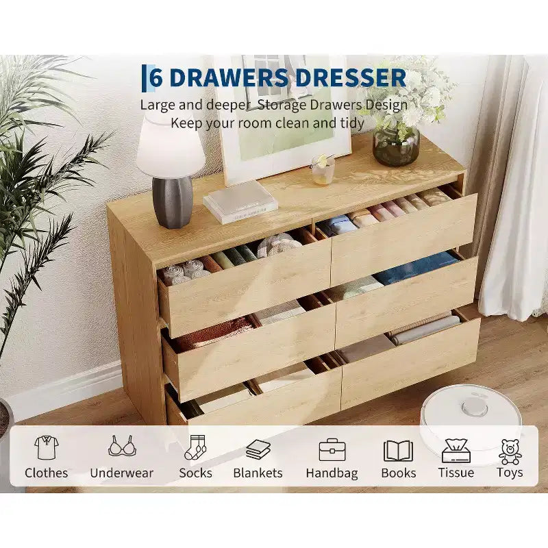 Commode de Ferme à 6 Tiroirs, Commode Large de 120 cm, Meuble de Rangement en Chêne Naturel pour Chambre à Coucher, Salon, Meuble TV