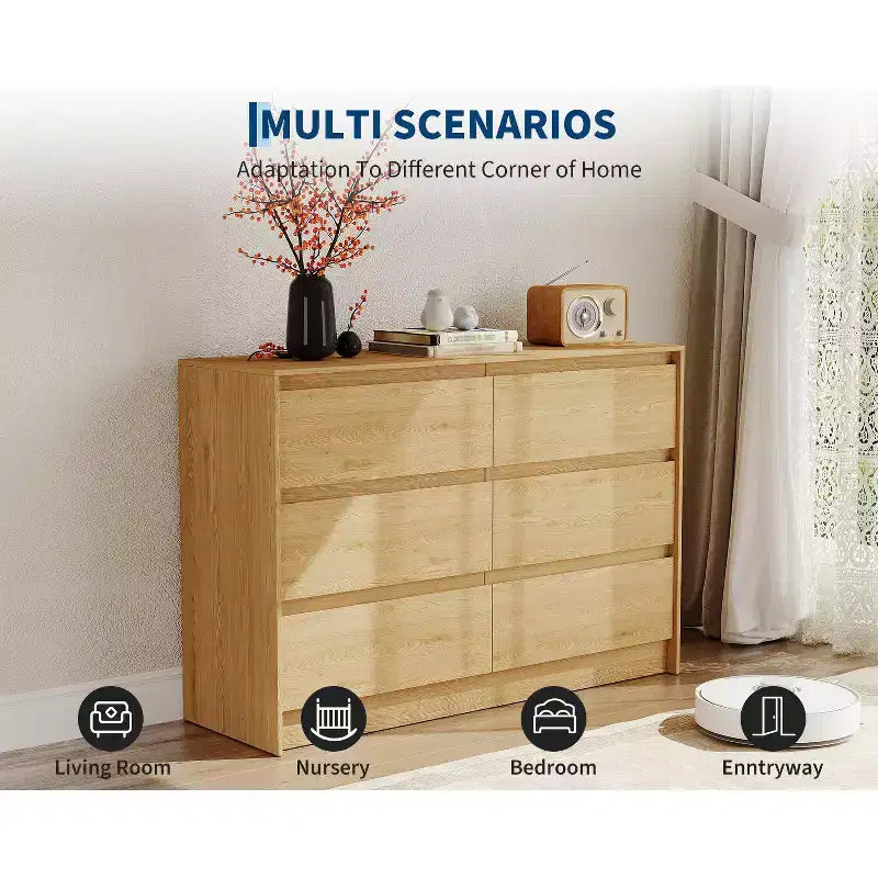 Commode de Ferme à 6 Tiroirs, Commode Large de 120 cm, Meuble de Rangement en Chêne Naturel pour Chambre à Coucher, Salon, Meuble TV