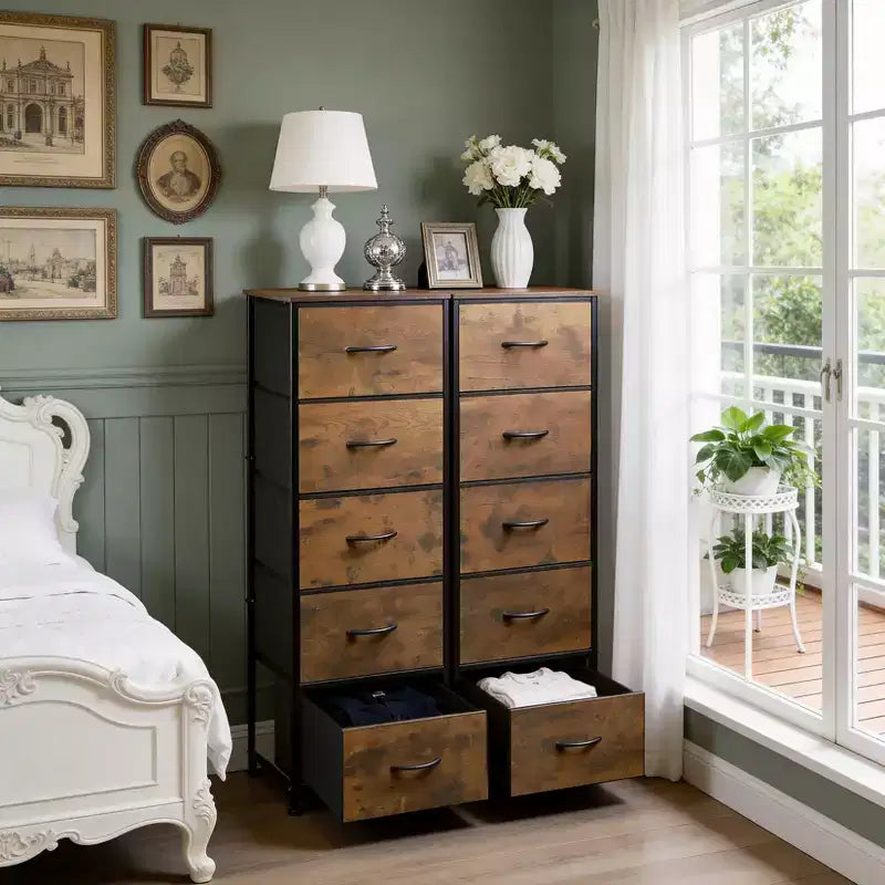 Organisation optimale. Commode haute à 10 tiroirs en métal et tissu. Style industriel moderne. Pour chambre, dressing, salon.