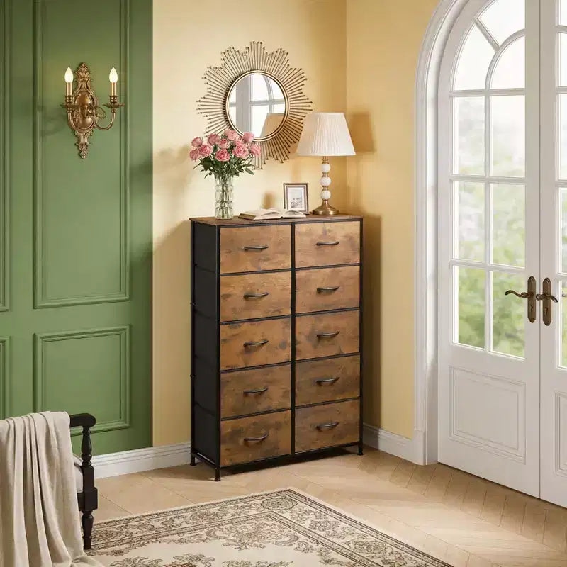 Organisation optimale. Commode haute à 10 tiroirs en métal et tissu. Style industriel moderne. Pour chambre, dressing, salon.