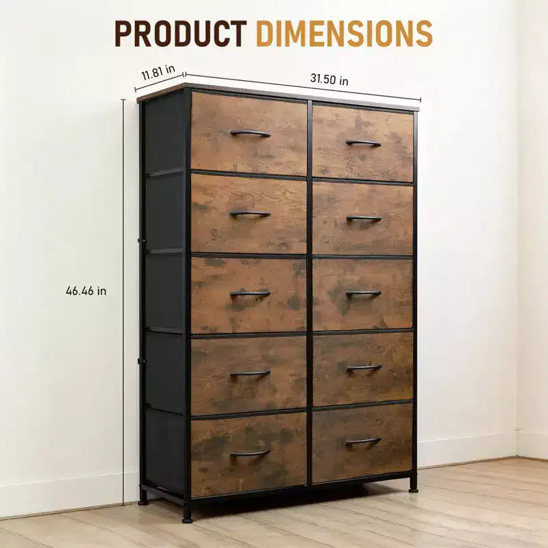 Organisation optimale. Commode haute à 10 tiroirs en métal et tissu. Style industriel moderne. Pour chambre, dressing, salon.