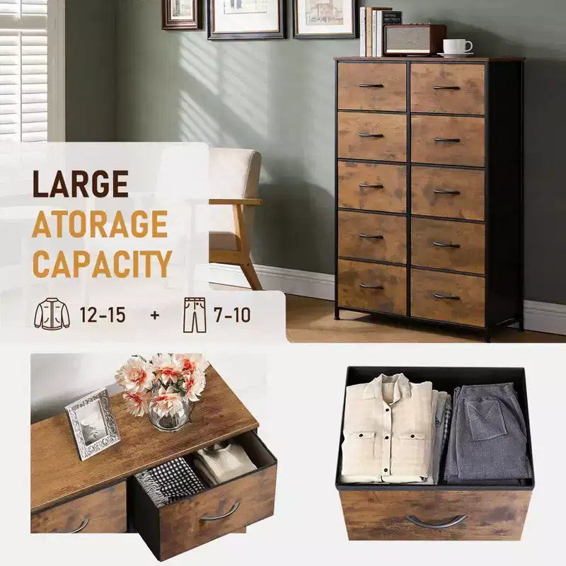 Organisation optimale. Commode haute à 10 tiroirs en métal et tissu. Style industriel moderne. Pour chambre, dressing, salon.