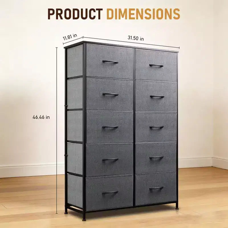 Organisation optimale. Commode haute à 10 tiroirs en métal et tissu. Style industriel moderne. Pour chambre, dressing, salon.
