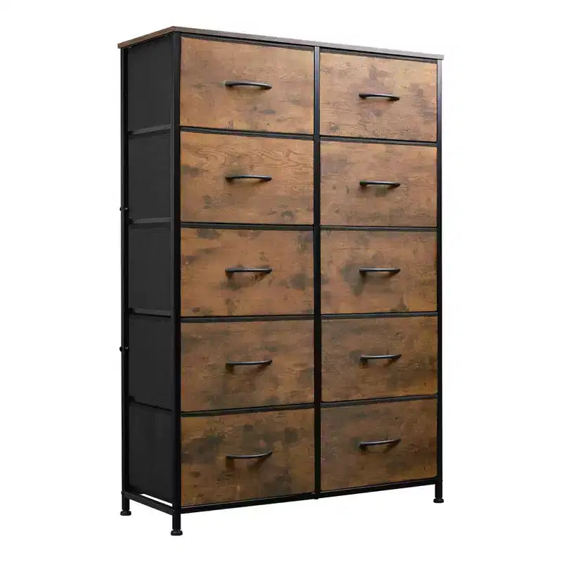 Organisation optimale. Commode haute à 10 tiroirs en métal et tissu. Style industriel moderne. Pour chambre, dressing, salon.