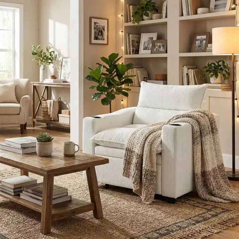 Fauteuil-lit convertible avec couchage escamotable et porte-gobelets, canapé-lit en velours litchi pour salon, chambre d'amis ou petit espace, crème